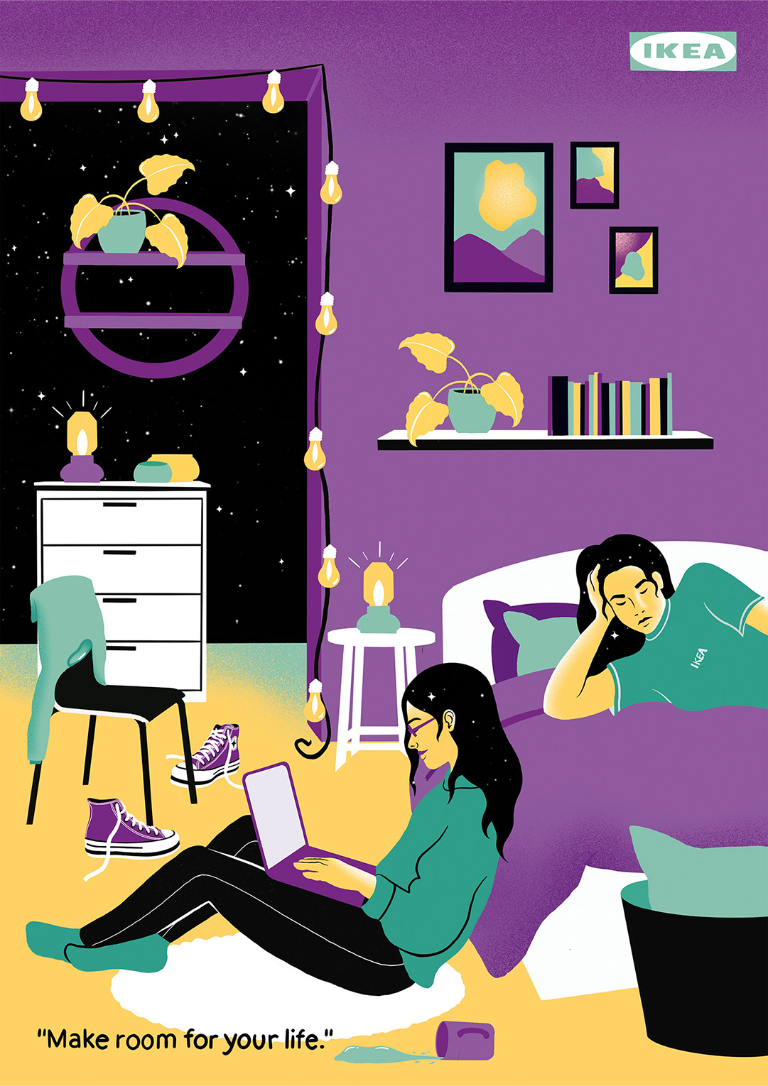 Poster pour la campagne Ikéa : illustration d'une chambre