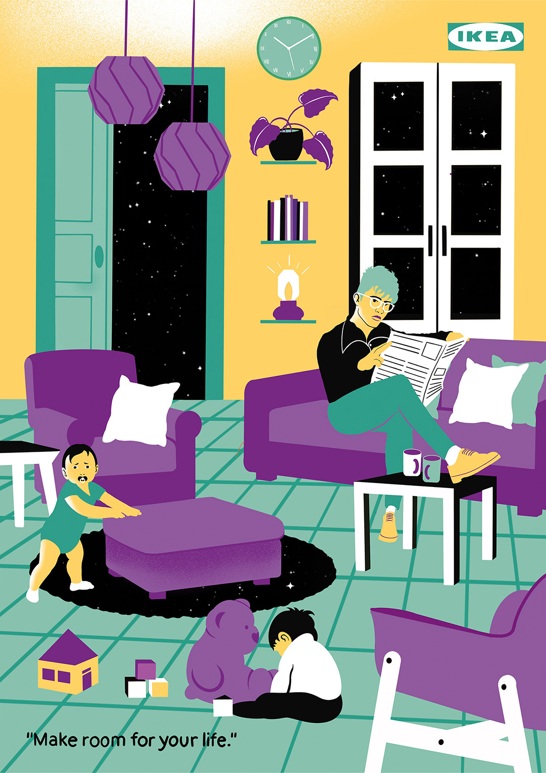 Poster pour la campagne Ikéa : illustration d'un salon